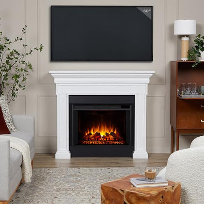 Real Flame Emerson 56" Grande Electric Fireplace with Mantel for Living Room or Bedroom, Replaceable Fireplace Insert Heater, Realistic Log and Flame Effect, Remote Control, Timer, White