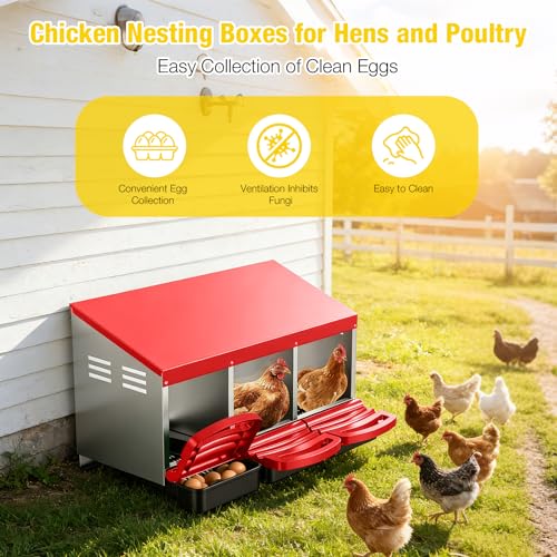 Aivituvin Chicken Nesting Box, 3 Compartments Chicken Egg Laying Box, Metal Nesting Boxes with Swing Perch for Chickens, Roll Away Egg Collection for Chicken Coop (Red) - color: Red