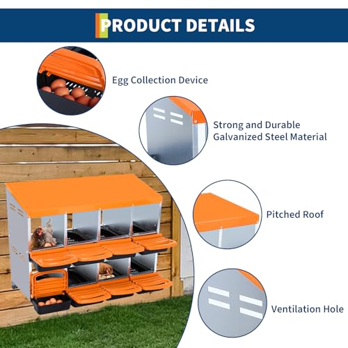 8-Hole Chicken Nesting Box, 2-Tier 8 Compartment Metal Roll Away Egg Laying Box with Lid & Legs, Easy Egg Collection, Galvanized Steel Rustproof Poultry Laying Boxes for Hens, Ducks, Farm, Yard - size: 8 holes-Orange