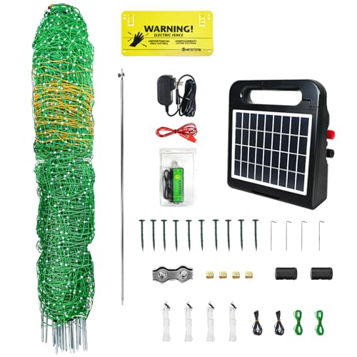 47"x164' Portable Electric Fence Netting & 0.25J Solar Energizer All-in-One Kit for Goats, Sheep, Gardens, Beehives, Dogs, and More for Livestock, Farms, Backyards and Ranches
