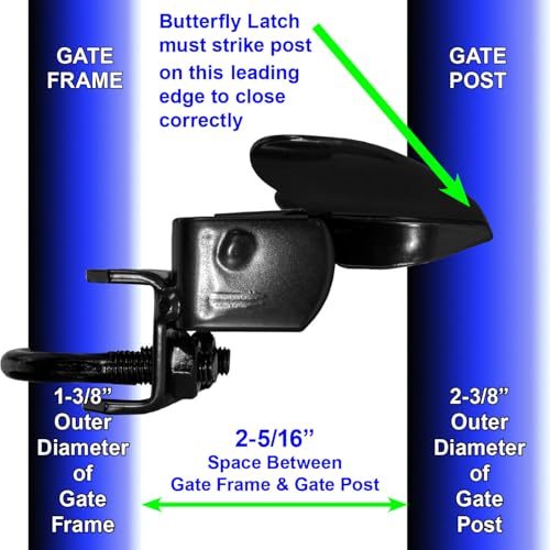 Jake Sales -Black Powder Coated Chain Link Fence Butterfly Gate Latch - 1-3/8" Gate Frame and 2-3/8" Gate Post - Fence Gate Latch with Hole for Padlock - size: 1-3/8" X 2-3/8"