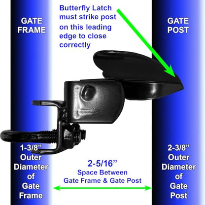 Jake Sales -Black Powder Coated Chain Link Fence Butterfly Gate Latch - 1-3/8" Gate Frame and 2-3/8" Gate Post - Fence Gate Latch with Hole for Padlock - size: 1-3/8" X 2-3/8"