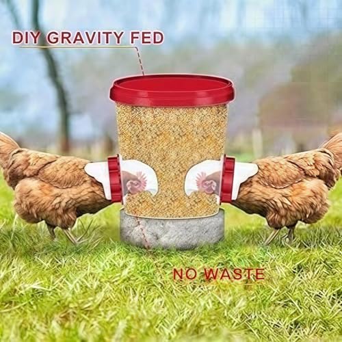 Chicken Feeders No Waste, DIY Automatic Poultry Feeder 8 Ports 1 Hole Saw with Covers Gravity Feed Kit for Buckets Barrels Bins Troughs (Red, 8) - size: 8