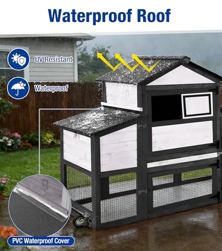 Chicken Coop with Run Mobile Large Chicken Coop with Wheels Duplex Chicken Cage with Slide-Out Tray Waterproof Roof Outdoor Backyard Hen House Black and White - color: Black and White