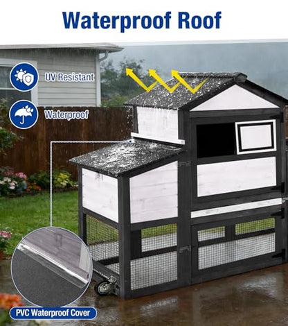 Chicken Coop with Run Mobile Large Chicken Coop with Wheels Duplex Chicken Cage with Slide-Out Tray Waterproof Roof Outdoor Backyard Hen House Black and White - color: Black and White