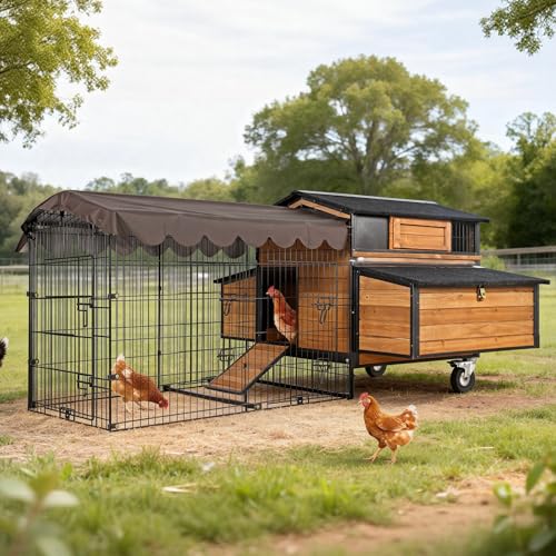 Large Chicken Coop with Run, Mobile Chicken House with Wheels and All-Around Iron Frame, Chicken Tractor Poultry Cage for 6-8 Chickens, Nesting Box, Metal Pull-Out Tray - size: 76.7"L x 53.8"W x 36.8"H