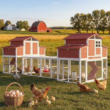 Extra Large Connected Chicken Coop with Center Run for 6–10 Chickens, Dual Wooden Hen Houses, 2-Tier Elevated Design, Nesting Boxes, Pull-Out Tray, Reinforced Frame, Red - color: Red