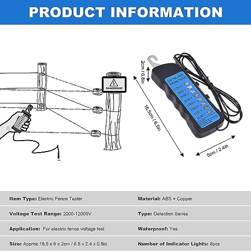 12KV Electric Fence Voltage Tester,2000 to 12000V 8 Neon Indicator Lights Electrical Fence Fault Finder Locator Checker Fence Voltmeter Troubleshooter