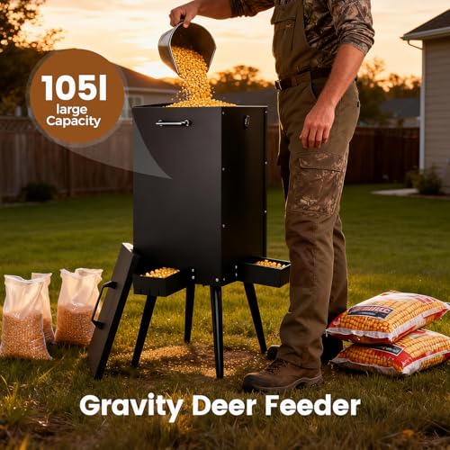 105L Gravity Deer Feeder Automatic Deer Corn Feeder with 4 Feeding Tray Wildlife Game Feeders Galvanized Steel Metal Food Dispenser for Animal Goats, Sheep