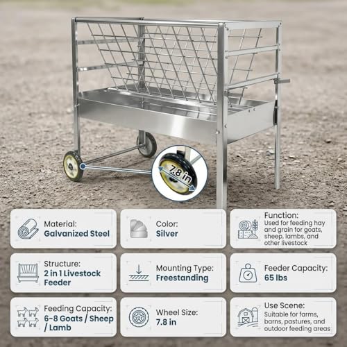 Heavy Duty Wheeled Hay Feeder, 45" Long Stainless Steel 2 in 1 Hay Grain Water Feeder, Mobile Livestock Hay Rack for Goats Sheep Horses Cattle Cows Outdoor Farm Ranch Use