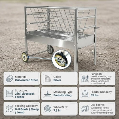 Heavy Duty Wheeled Hay Feeder, 45" Long Stainless Steel 2 in 1 Hay Grain Water Feeder, Mobile Livestock Hay Rack for Goats Sheep Horses Cattle Cows Outdoor Farm Ranch Use