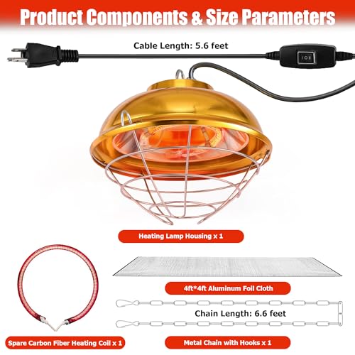 Chicken Coop Heater, 300W Heat Lamp for Chickens, Dual Temperature, Carbon Fiber Heating Coil, with Spare Heating Coil, Aluminum Alloy Shade & 6.6' Hanging Chain, Chicken Heat Lamp for Winter