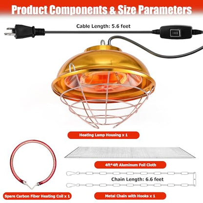 Chicken Coop Heater, 300W Heat Lamp for Chickens, Dual Temperature, Carbon Fiber Heating Coil, with Spare Heating Coil, Aluminum Alloy Shade & 6.6' Hanging Chain, Chicken Heat Lamp for Winter