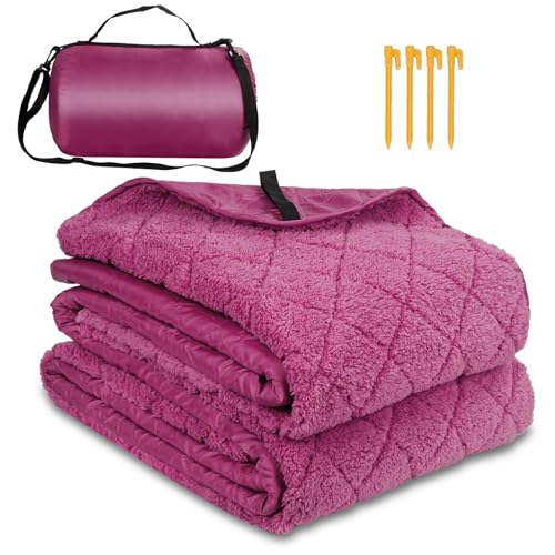 Waterproof Camping Blanket w/Sherpa Lining, Large Stadium Blankets for Outdoor Cold Weather, Windproof Emergency Throw, LightWeight and Warm for Hiking, Dog, Picnic, Washable, 55”X 82” (Purple, 1PCS) - color: Sherpa Purple-300 Gsm, size: 82"x 55"