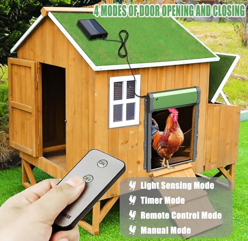 Heifriday Automatic Chicken Coop Door Solar Powered for Chicken Run Anti-Pinch Design Auto Chicken Door Charge with Solar Panel Large Chicken Coop Accessories, Green