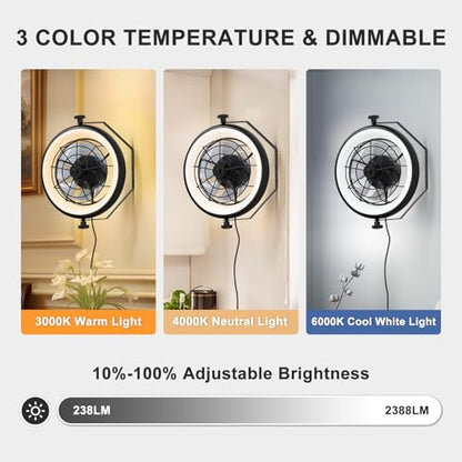 16" Wall Mounted Fan Indoor, Quiet 6 Speed Wall Mount Fan with Remote, Light and Timer, 360° Adjustable Tilt Plug in Wall Fan for Garage, Bedroom, Kitchen, Living Room, Greenhouse, Patio - size: 16"