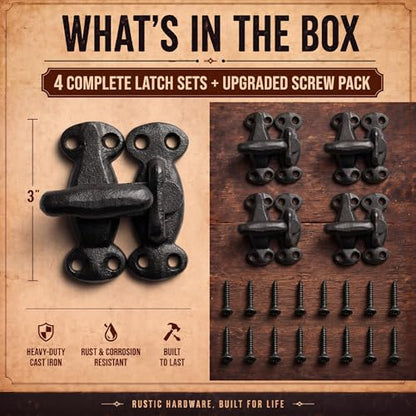 Moxweyeni 2 Pack Vintage Cabinet Latch Cast Iron Flip Latch Set with 4 Handles&16 Screws - Black Heavy Duty Rustic Cabinet Hasp Slide Lock for Antique Window Door Hasp Security Rust-Resistant