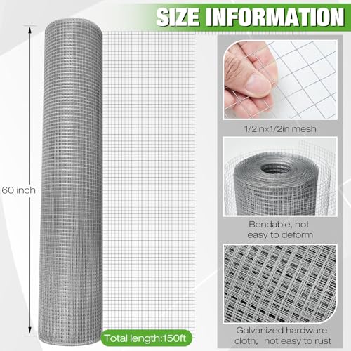Tatuo Hardware Cloth 1/2 Inch 60in x 150ft Hot Dip Galvanized After Welded Cage Mesh Rolls 21 Gauge Metal Chicken Wire Roll Wire Fencing Poultry Netting for Raised Garden Rodent Animals - color: Silver, size: 60in X 150ft
