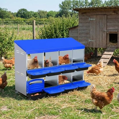 Chicken Nesting Box 8-Hole Roll Away Egg Laying Box with Lid, Galvanized Steel Rustproof Poultry Coop Box, Easy Clean, Wall Mountable No Bracket Needed for Hens, Blue - color: Blue, size: 8 holes