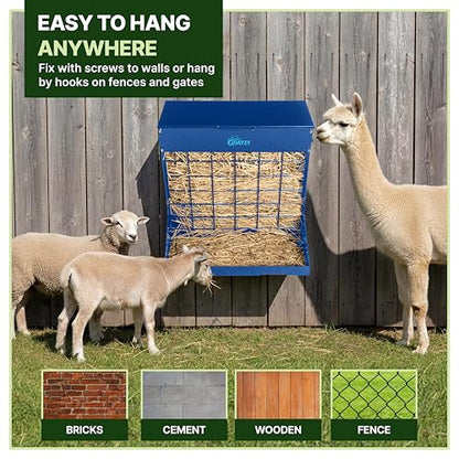 Wall Mount Hay Rack And Hay Feeder For Goats Sheep And Horses, Covered Galvanized Steel Goat Hay Feeder With Hinged Roof, 25 Gallon 2-In-1 No Waste Hanging Holder Grain Bin with hook For Cattle - color: Blue