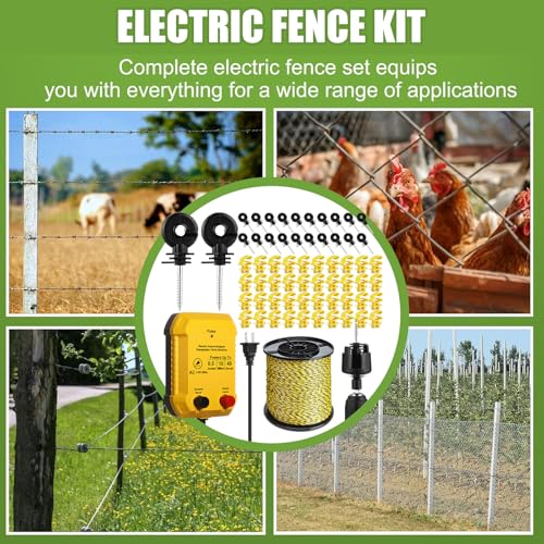 MorningRo Electric Wire Fence Kit, 10 Mile 110vac 0.5 J Plug in Fence Charger with 3366 ft Polywire, 40 T Post Insulators, 20 Screw in Insulators for Pasture Farm Horse Cattle Poultry Fencing - size: 3366FT, style: 0.5J