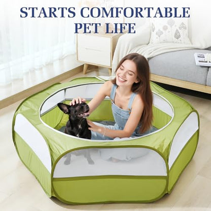 2-in-1 Small Animals Playpen with Pad, Waterproof Small Pet Cage Tent with Reusable Pad, Portable Outdoor Yard Fence with 3 Metal Rod for Chick/Kitten/Puppy/Guinea Pig/Rabbits/Chinchillas, Green+Gray - color: U-Green+Gray