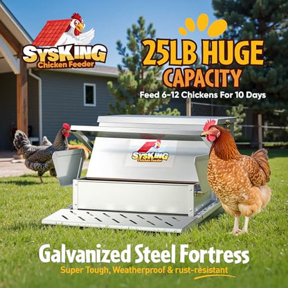 Heavy Duty Automatic Chicken Feeder - Metal Chicken Feeders Treadle Operated, Spill Proof Poultry Feeder with Rat Proof Design & Weatherproof Lid | Sturdy Galvanized Steel (25 lb Capacity)