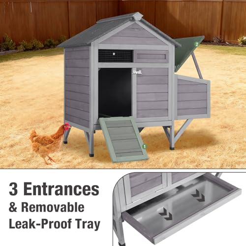 Small Chicken Coop with 2 Nesting Boxes, Wooden Hen House for 1-2 Chickens, Waterproof Asphalt Roof Poultry Hutch with Wildlife-Proof Latches, Roosting Bar and 4 Ground-Clearing Legs - color: Grey