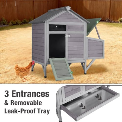 Small Chicken Coop with 2 Nesting Boxes, Wooden Hen House for 1-2 Chickens, Waterproof Asphalt Roof Poultry Hutch with Wildlife-Proof Latches, Roosting Bar and 4 Ground-Clearing Legs - color: Grey