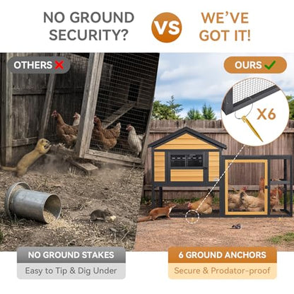 PETSFIT Wooden Chicken Coop with 71" Run for 4-6 Chickens, Predator-Proof Backyard Hen House with 6 Ground Anchors, 3 Nesting Boxes, 3 Perches & Chicken Swing, Waterproof PVC Roof, 3-Door Easy Clean