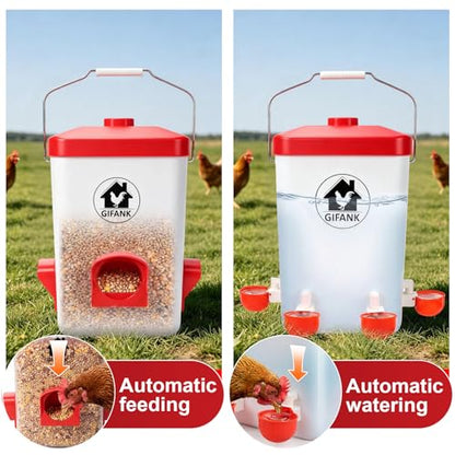 Chicken Feeder and Waterer Set,Hanging Chicken Waterer 3 Gallon | Poultry Water Feeder with Nipples and Feeding Ports No Waste,Chicken Coop Accessories