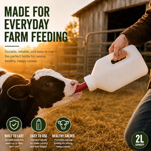 Calf Feeding Bottle with Screw Replacement Nipple, 2 Quart Heavy Duty Calf Milk Feeder with Handle, Leakproof Nursing Bottle for Calves, Lambs & Goats, Livestock Feeding Supplies (White)
