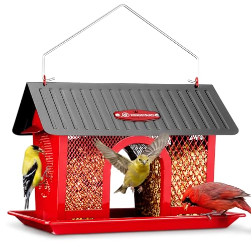 Kingsyard Bird Feeder for Outdoors Hanging, Dual-Use Metal Mesh Wild Bird Feeders with Seed Tray & Weatherproof Roof, 3 lbs Large Capacity, Red - color: Red