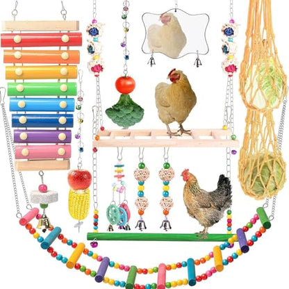 Chicken Coops Accessories 12PCS Chicken Toys Including Xylophone Swing Set Mirror Toy Flexible Ladder Vegetable String Bag and Hanging Feeder Coops Accessories for Hens