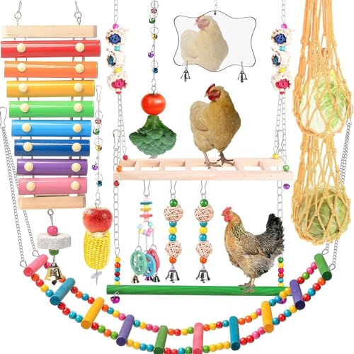 Chicken Coops Accessories 12PCS Chicken Toys Including Xylophone Swing Set Mirror Toy Flexible Ladder Vegetable String Bag and Hanging Feeder Coops Accessories for Hens