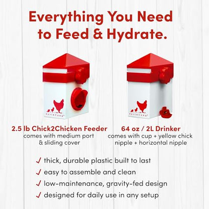 RentACoop 2.5lb Chick2Chicken Medium Sliding Port Feeder and 64 Ounce (2 Liter) Drinker Set – Includes Coop Clip, 2 Versatile Nipples, and Auto-Fill Cup for Waterer
