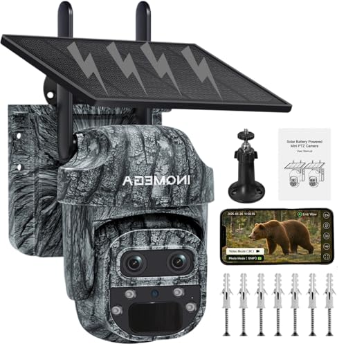 Trail Camera, No WiFi Needed Security Camera, 355° PTZ Outdoor Camera with 12X Zoom, Monitor Anywhere, Color Night Vision, PIR Motion Detection, 7800mAh Battery，IP66