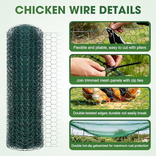 Chicken Wire for Floral Arrangements,16 in x 32.8 ft Green Chicken Wire Mesh Roll, Galvanized Hexagonal Floral Chicken Wire Garden Netting for Outdoor Plants, Chicken Wire Fencing for Poultry, Garden - size: 16x294 inch