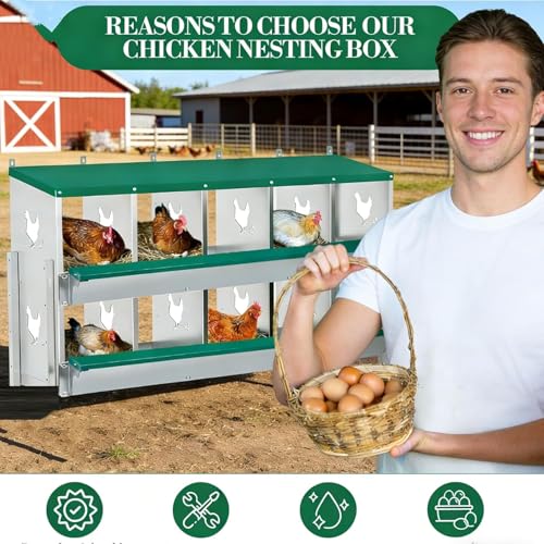 Garvee Large Metal Chicken Nesting Boxes for Hens, 10 Compartment Galvanized Steel Nesting Box, Includes 4 Fake Eggs & 10 Soft Nest Pads, Wall Mount or Freestanding for Coop & Farm - style: 10 Holes