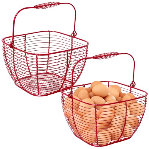 2 PCS Wire Egg Baskets for Gathering Fresh Eggs with Handle 7 Inch Red Square Metal Chicken Duck Eggs Collecting Countertop Basket Egg Holder Farmhouse Fruit Storage Container