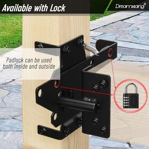 Heavy Duty Self Closing Gate Hinge and Self Locking Latch Hardware Kit for Wooden/Vinyl Fence, Stainless Steel 90 Degree Adjustable Hinges&Post Mount Automatic Gate Lock, Black Finish,1Pack