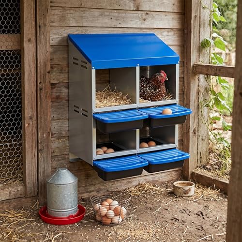 Metal Chicken Nesting Box - Heavy Duty Roll Away Nesting Boxes for Chickens Coop with Easy-Collect Tray & Lid, 4 Hole Galvanized Steel Egg Laying Boxes for Hens Ducks, Wall Mount or Freestanding - color: Blue, size: 4 Holes & 2-tier