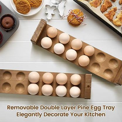 Sishynio Double Layer Egg Tray Holder Countertop - Wooden Fresh Egg Rack Stackable Storage Basket, 2 Tier Egg Organizer for Farmhouse Kitchen Refrigerator - style: 2 tier pine egg tray