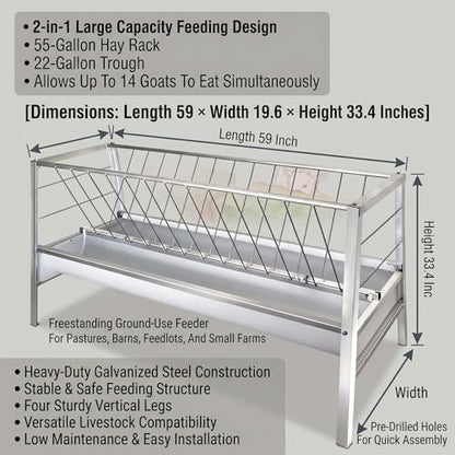 Outdoor Galvanized Goat Feeder, 2-in-1 hay Feeder and Enclosed Feed Trough Combo, Weather-Resistant Steel Rack for Goats and Sheep, Holds 55 Gal Hay for Small Farms - color: white