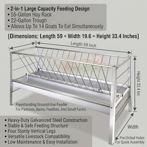 Thick Galvanized Sheep Feeder and Goat hay Feeder, 2-in-1 Pasture Feeding Station with 55 Gal Rack and 22 Gal Feed Trough, Durable Outdoor Rack for Calves and Small Herds - color: white