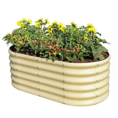 Land Guard 18“ Tall Outdoor Metal Raised Garden Bed, Oval Deep Root Planter Box for Vegetables, Flowers, Herbs, 89 Gallon Capacity - Cream Yellow - color: Cream Yellow, size: 4×2×1.5ft