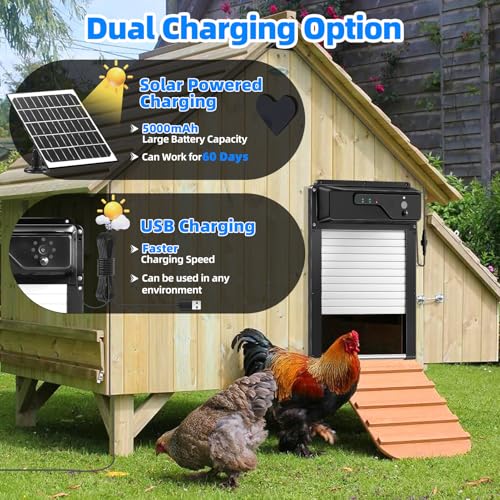 Automatic Chicken Coop Door Solar Powered and 5000mAh Battery, LCD Display Automatic Chicken Door with Timer & Light Sensor & PIR, APP Remote Control Solar Chicken Coop Door