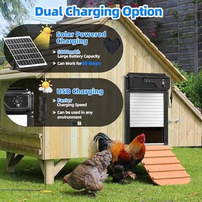 Automatic Chicken Coop Door Solar Powered and 5000mAh Battery, LCD Display Automatic Chicken Door with Timer & Light Sensor & PIR, APP Remote Control Solar Chicken Coop Door