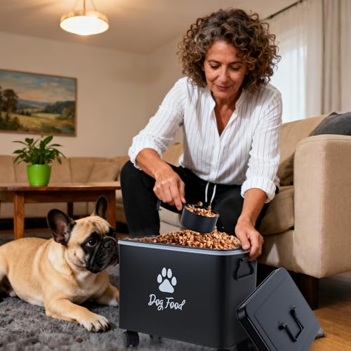 Dog Food Container 13lb, Cute Airtight Pet Food Storage Containers with Metal Lid Scoop, Black Metal Storage Bin for Dog/Cat with Wheels,Easy to Move - color: Black-L