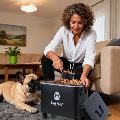 Dog Food Container 13lb, Cute Airtight Pet Food Storage Containers with Metal Lid Scoop, Black Metal Storage Bin for Dog/Cat with Wheels,Easy to Move - color: Black-L